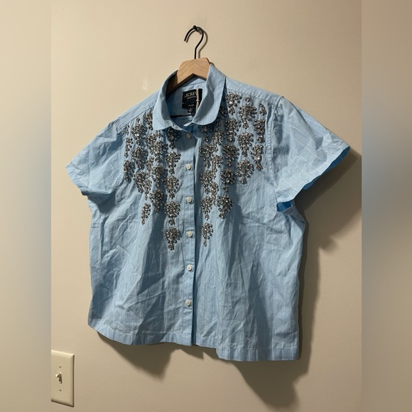 NWT J. Crew Collection Baby Blue White Pinstripe Embellished Crop Shirt Size 16 - Picture 5 of 11